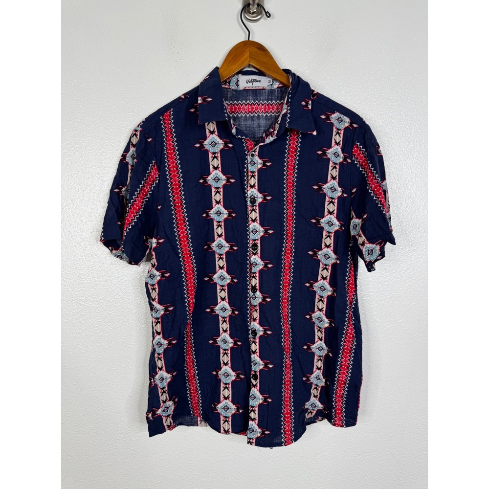 Vatpave Mens Tribal Geometric Print Button Up Shirt Navy Red Short Sleeve Medium